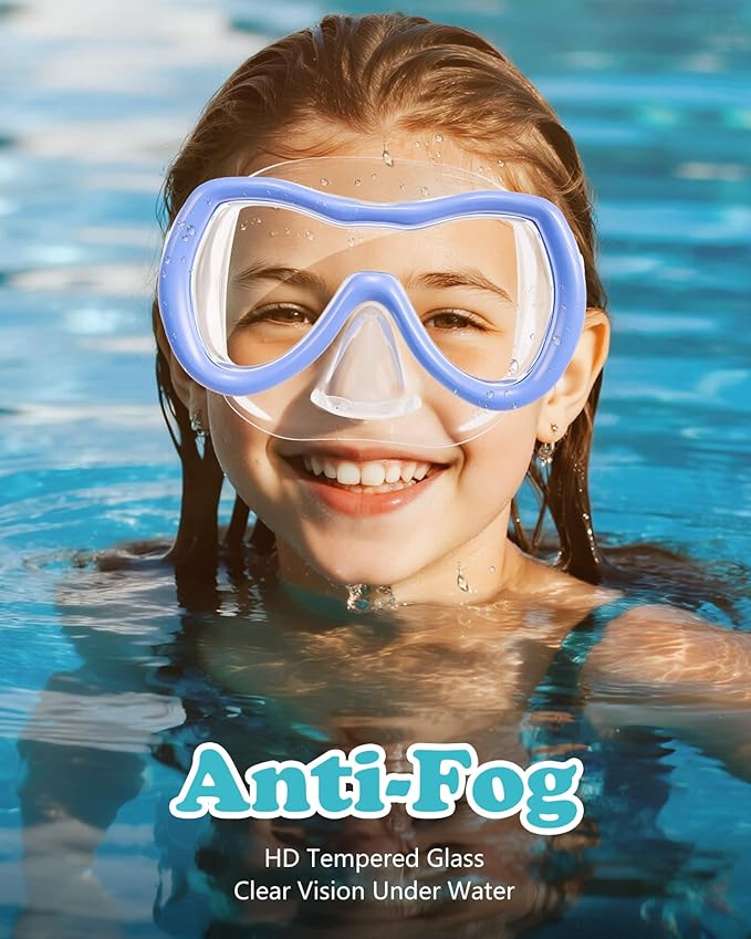 Aegend Kids Swim Mask Goggles, Tempered Glass 180° HD Wide View with Nose Cover