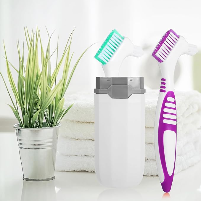 2pcs Denture Brush, Denture Cleaning Brush Set with White Carrying Case Denture Toothbrushes with Multi-Layered Soft Bristles and Rubber Anti-Slip Handle (Purple + Green)