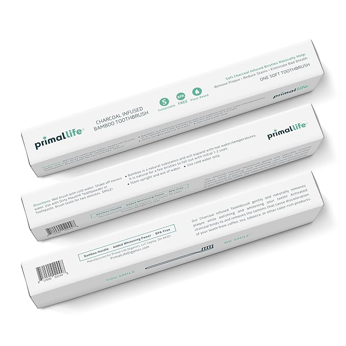 Primal Life Organics - Charcoal Toothbrush, Made with Charcoal & Bamboo, Biodegradable, BPA-Free, Perfect for Kids & Adults, Recyclable, Gently Massages Gums & Teeth, Zero Waste Toothbrush, (1-Pack)