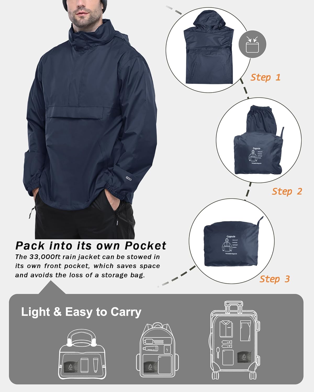 33,000ft Men's Pullover Rain Jacket Waterproof with Hood Lightweight Packable Raincoat Windbreaker for Golf Travel