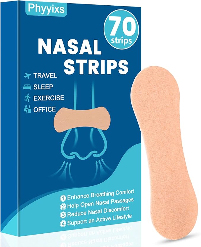 70 Pcs Nasal Strips，Extra Strength, Sweat-Proof Adhesive Performance Nose Strips for Breathing, Snoring, Sleeping, and Sports(Universal Fit Men/Women，Natural Color)