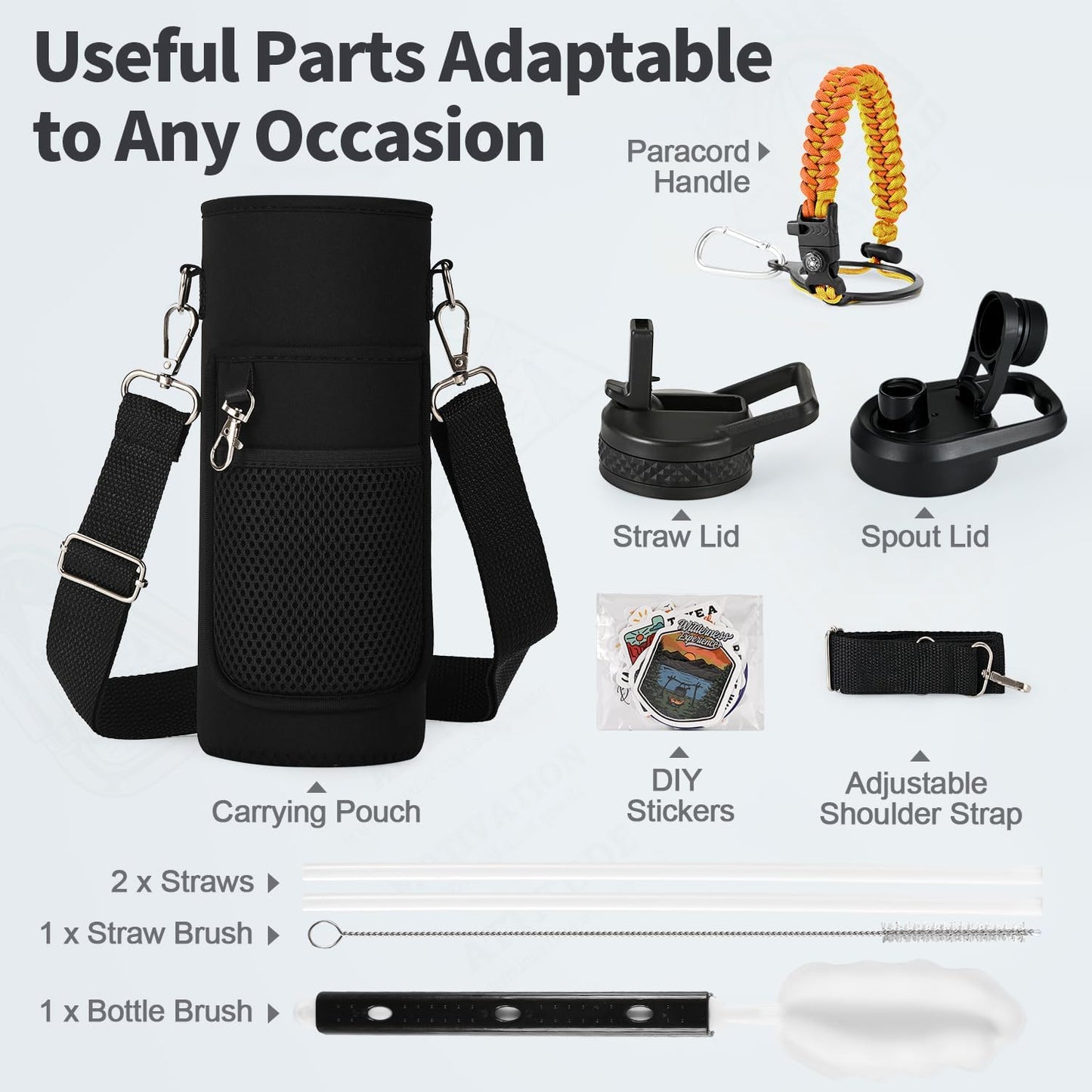 40 oz Insulated Water Bottle with Straw (Cold for 48 Hrs), Stainless Steel Triple Wall Vacuum Sports Water Jug, Leakproof Hydro Cup Flask with Paracord Handle & Straw Spout Lids & DIY Stickers