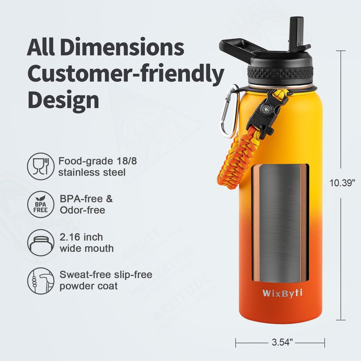 40 oz Insulated Water Bottle with Straw (Cold for 48 Hrs), Stainless Steel Triple Wall Vacuum Sports Water Jug, Leakproof Hydro Cup Flask with Paracord Handle & Straw Spout Lids & DIY Stickers