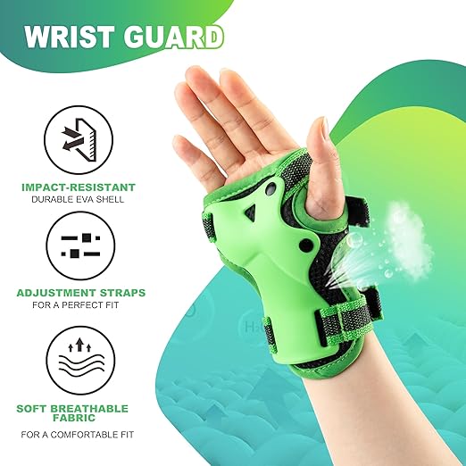 2PM SPORTS Knee Pads for Kids, Wrist Guards Knee and Elbow Pads Set with Drawstring Bag, Protective Gear Set for Girls Boys Roller Skating Cycling Skateboard - Green Small