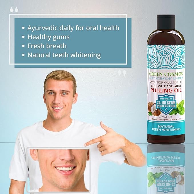 Coconut Mint Pulling Oil Mouthwash, 237ml Natural Teeth Whitening, Ayurvedic Daily Swish for Oral Health Alcohol & Fluoride Free, Healthy Gums, Fresh Breath, Solution for Bad Breath