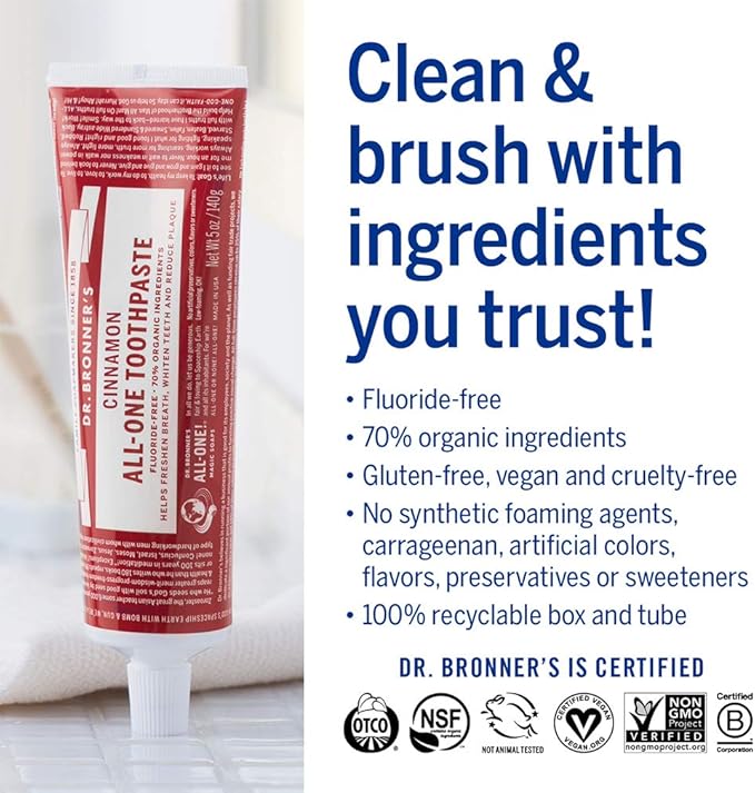 Dr. Bronner’s All-One Toothpaste 3-Pack Variety– (Peppermint, Cinnamon, Anise, 5oz Each)– 70% Organic Ingredients, SLS Free Toothpaste, Fluoride Free, Natural, Vegan, Gentle for Sensitive Teeth