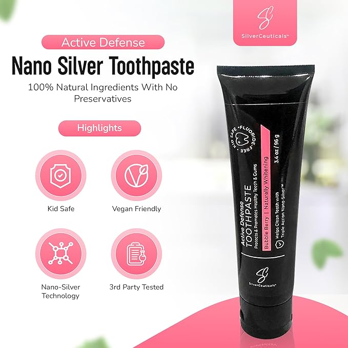 Colloidal Silver Toothpaste w/Coral Calcium & Xylitol - Bubble Berry - Remineralize Tooth Enamel - SLS & Fluoride Free Cavity Protection - Gum Health - Bad Breathe - Gingivitis - Mild Flavor - 3.4oz