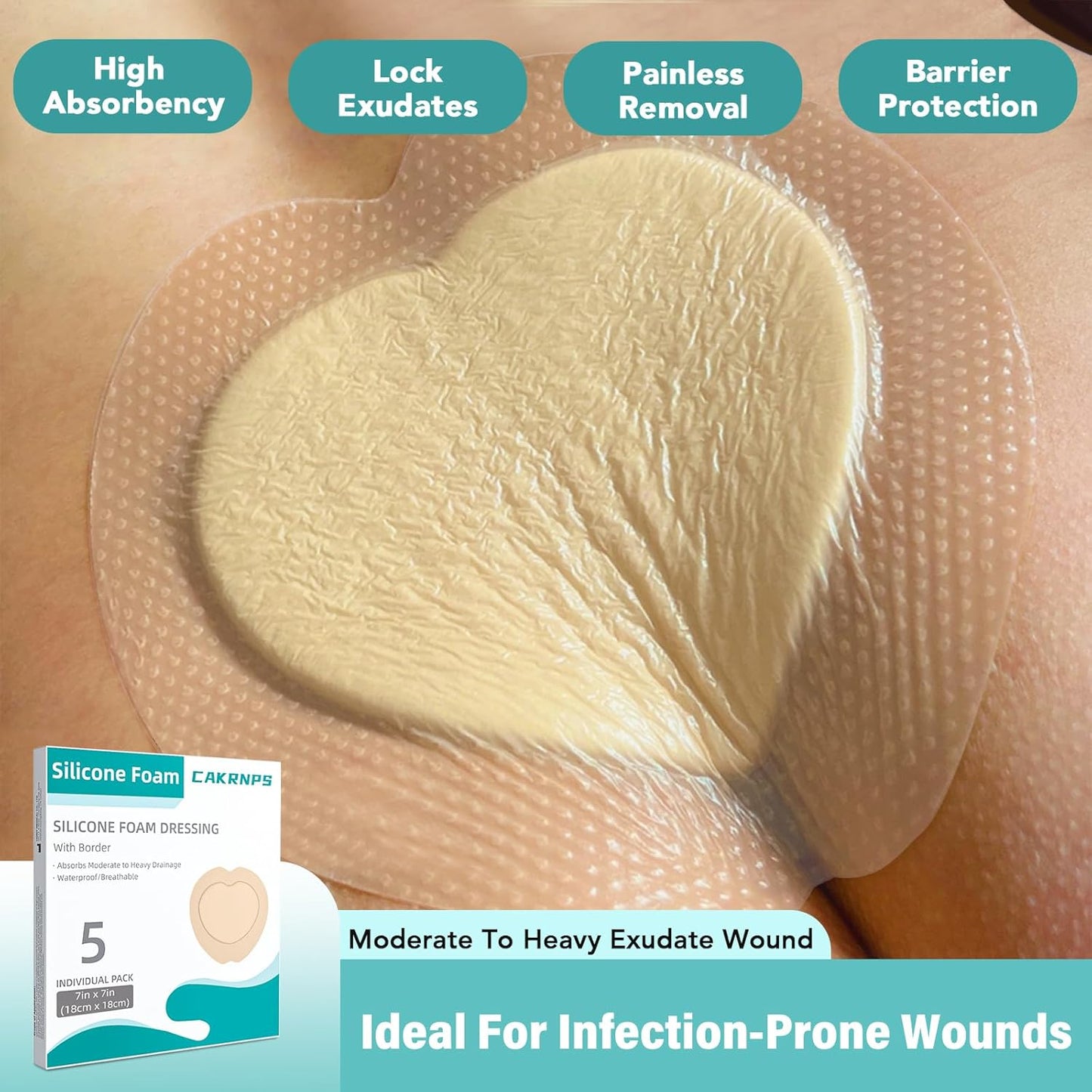 Adhesive Border 7"x7", 5 Packs, Highly Absorbent, Breathable Waterproof Sacral Bandage Pad for Bed Sore, Pressure Ulcer Wound Dressing