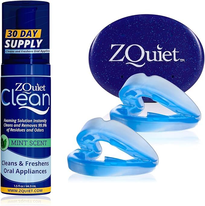 ZQuiet, Anti-Snoring Mouthpiece (Blue) + Cleaner (1.5oz Bottle), Starter Pack with 2 Sizes, Made in USA, BPA-Free, Medical-Grade Material