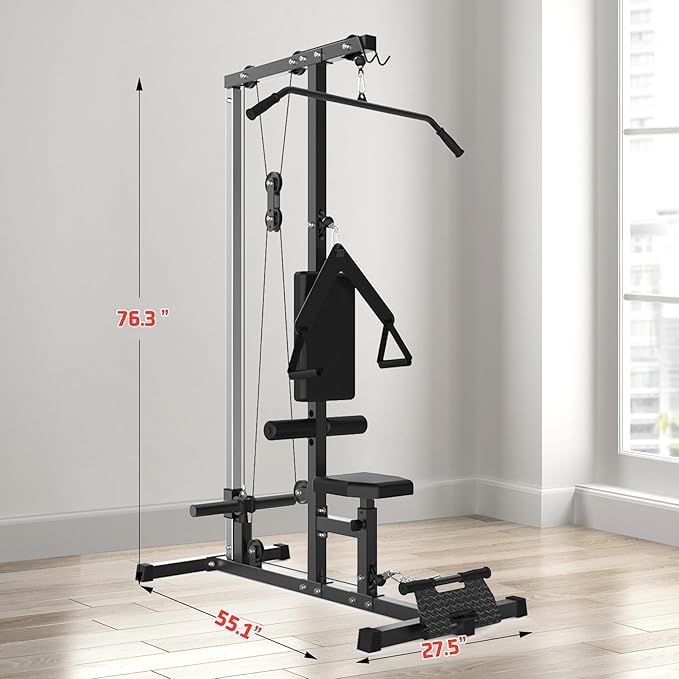 LAT Pulldown Machine, Multi-Functional Cable Machine with High and Low Pulley Station, Row Cable Machine Home Gym with Leg Support, Tricep Workout Equipment