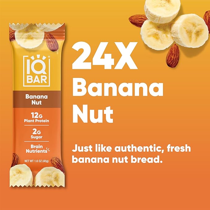 IQBAR Brain and Body Plant Protein Bars - Banana Nut - 24-Count Low Carb - Gluten Free, High Fiber, Vegan Snacks - Low Sugar Meal Replacement