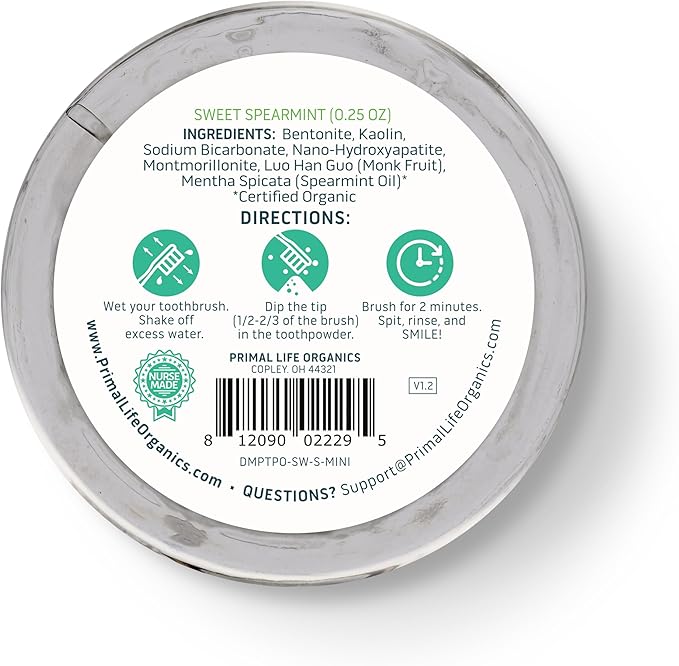 Primal Life Organics - Dirty Mouth Toothpowder, Tooth Cleaning Powder, Flavored Essential Oils with Natural Kaolin & Bentonite Clay, Good for 60+ Brushings, Organic, Vegan (Sweet Spearmint, 0.25 oz)