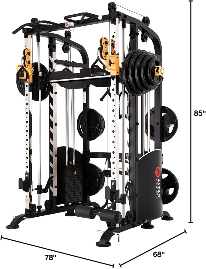 Altas Strength Smith Machine Home Gym 1000 lbs Capacity 2000 lbs Cables Strength Training Power Cages for Squats Presses Pulling Deadlifts Light Commercial Equipment Easy Assembly M810