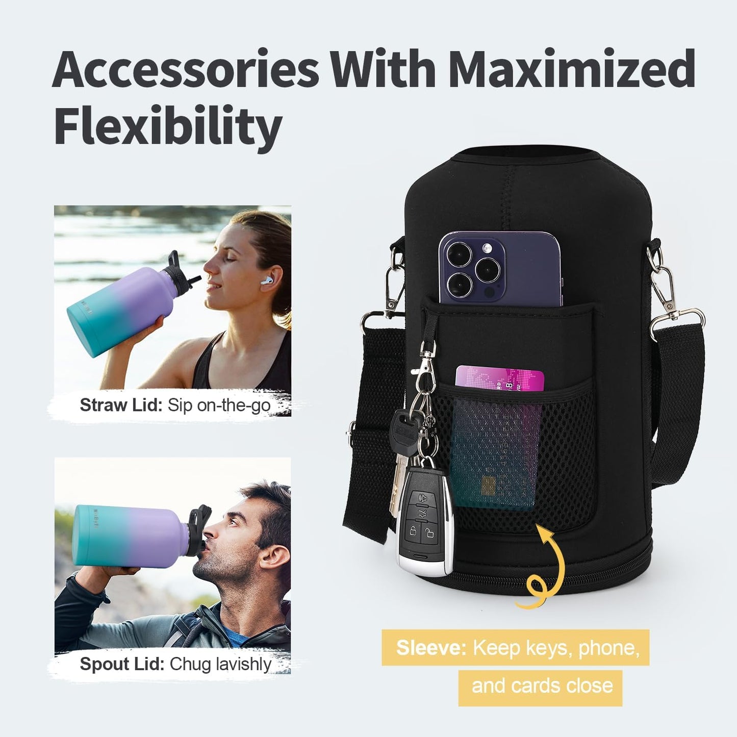 64 oz Insulated Water Bottle with Straw (Cold for 48 Hrs), Half Gallon Stainless Steel Triple Wall Vacuum Sports Water Jug, Leakproof Hydro Cup Flask with Straw Spout Lids & DIY Stickers