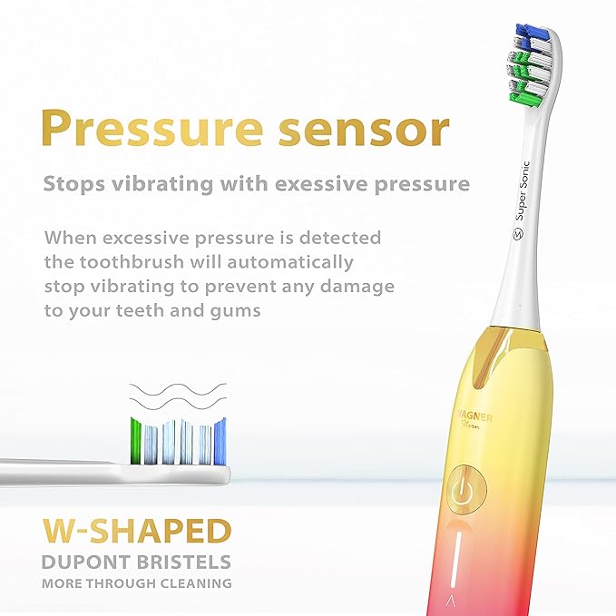 Wagner Stern Ultrasonic whitening Toothbrush with Pressure Sensor. 5 Brushing Modes and 4 Levels of Intensity, 8 Soft bristles, Travel case.