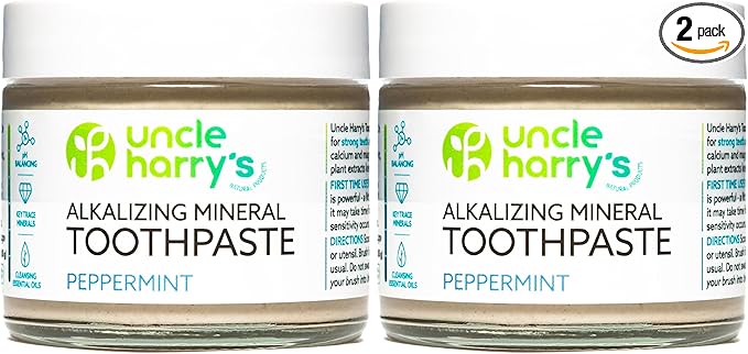 Uncle Harry's Peppermint Remineralizing Toothpaste | Natural Whitening Tooth Paste Freshens Breath & Promotes Enamel | Vegan Fluoride Free Toothpaste (2 Pack)