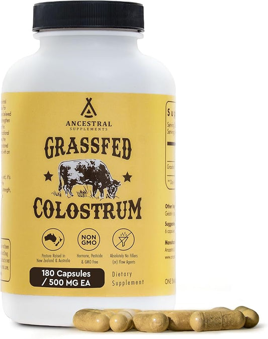 Ancestral Supplements Grass Fed Beef Colostrum Supplement, 3000 mg, Offers Immune Support and Promotes Gut Health, Athletic Performance, Healthy Iron Levels, Growth and Repair, Non GMO, 180 Capsules