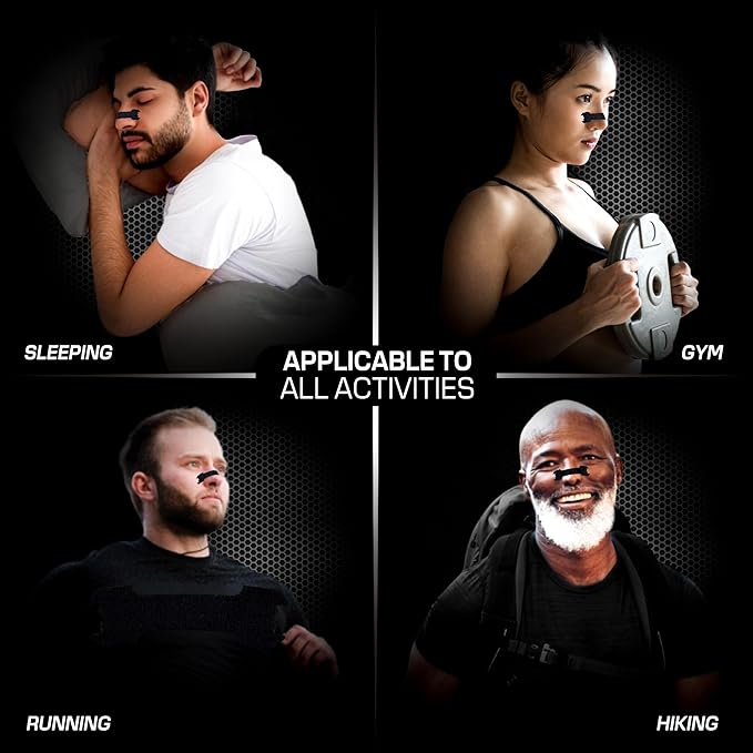 Performance Nose Strips for Breathing (60 Count) - Oil & Sweat Proof Adhesive - Athletic Nasal Strips for Snoring & Sleeping - Improves Oxygen Delivery, Drive, Sleep & Reduces Snoring (Slim Black)