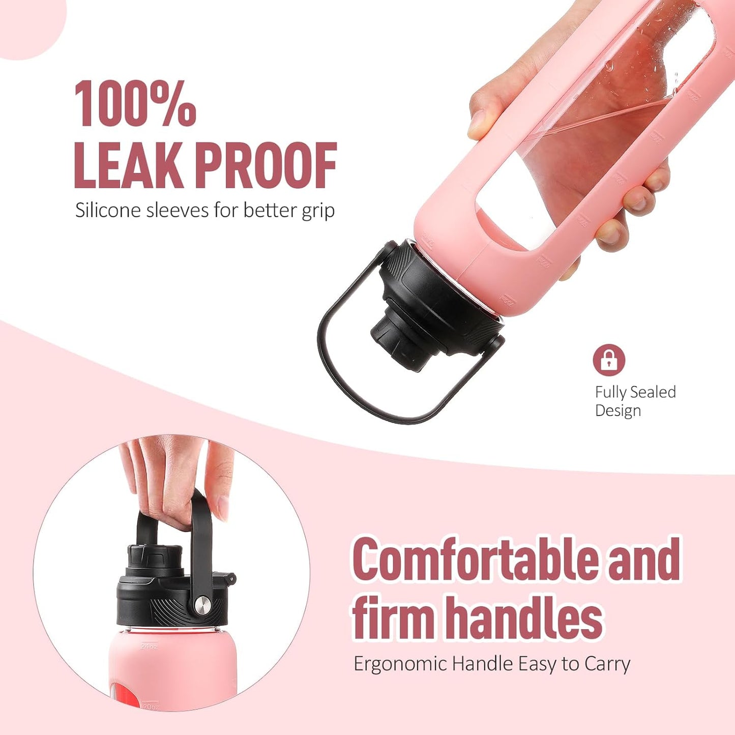 Kodrine Water Bottle with Straw, 24 oz Glass water Bottle with 2 Lids Bamboo Straw Lid and Spout Lid with Handle, 32 oz Clear Water Bottle Glass for Sports Travel, Waterbottle with Time Marker