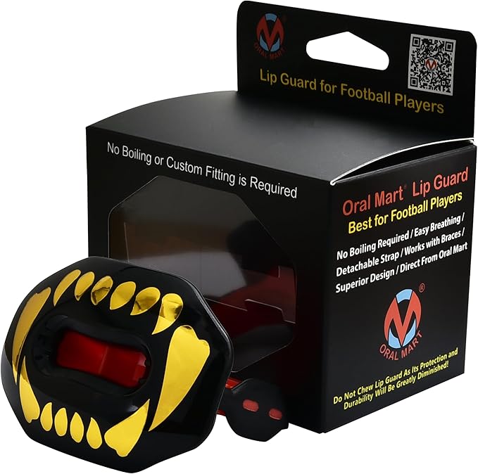 Oral Mart Flag Football Mouth Guard with 3D LipFit Design for Kids - Youth Tackle Football Mouthguard (No Boil) Cool Instant Fit Lip Guard Mouthpiece for Braces (Detachable Helmet Strap Included)