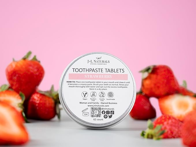 J&L Naturals Toothpaste Tablets | 62-Pack Travel-Friendly Toothpaste | Fluoride + Plastic Free, Vegan, Cruelty Free, Sustainable | Woman-Owned Small Business (Strawberry, 62 Count (Pack of 2))