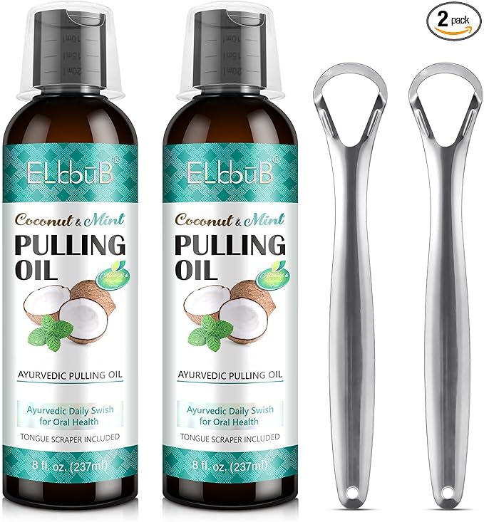 Coconut Pulling Oil - Ayurvedic Mint Oil Pulling Mouthwash with Tongue Scraper | Natural Essential Oils for Fresh Breath, Teeth Whitening & Healthy Gums | Alcohol-Free 8 Fl. Oz 2Pack