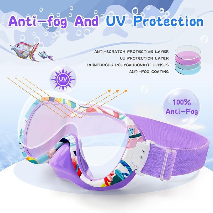Kids Swim Goggles with Nose Cover, 180° Panoramic Snorkel Mask with Anti-Fog & Anti-Leak Design, Comfort Fabric Strap UV Protection Lens for Boys Girls Ages 3-15