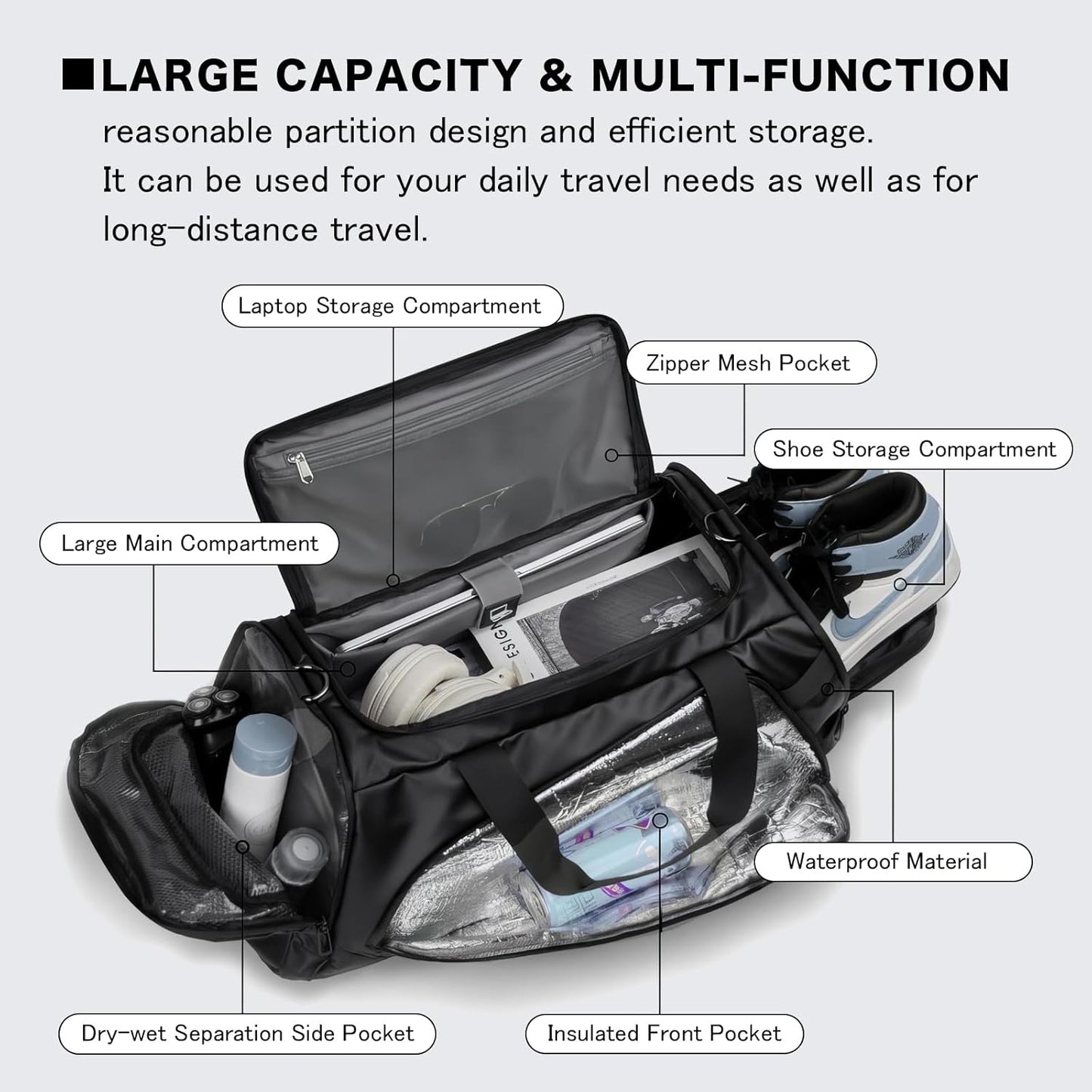 40L Travel Duffle Bag, 4-in-1 Large Gym Bag with Shoe & Wet Clothes and Laptop Compartments, Black
