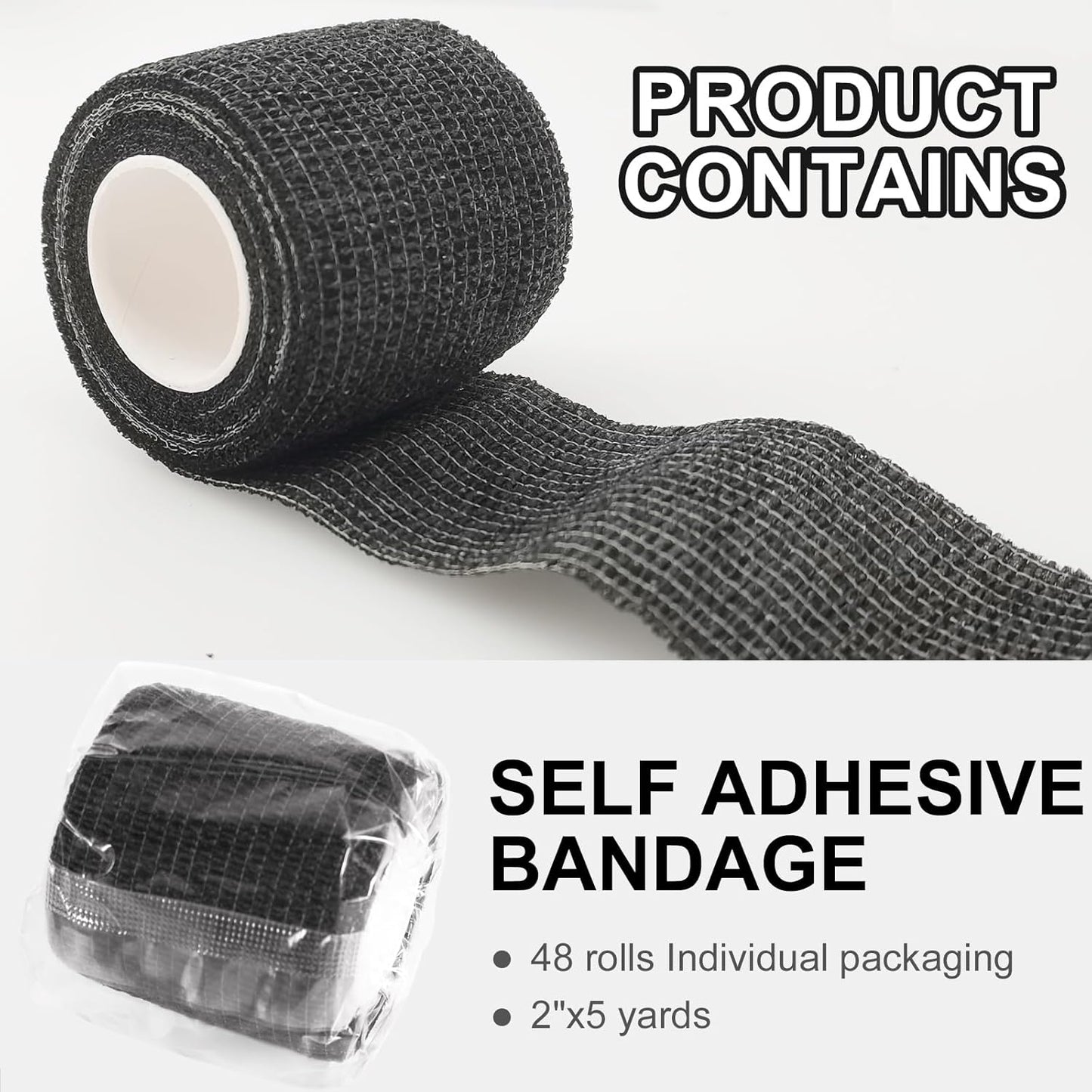 48 Pack Self Adhesive Bandage Wrap, 2” x 5 Yards Cohesive Medical Tape Elastic Grip Tape Black Sports Tape Athletic for Ankle, Wrist Sprains, Pet First Aid (Black)