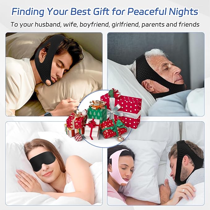 Anti Snoring Chin Strap for Sleeping, Adjustable Flexible Sleep Chin Strap to Keep Mouth Closed, Breathable Airflow Jaw Strap for Sleep Men Couple Stop Snoring Jaw Strap Set with 3D Eye Mask
