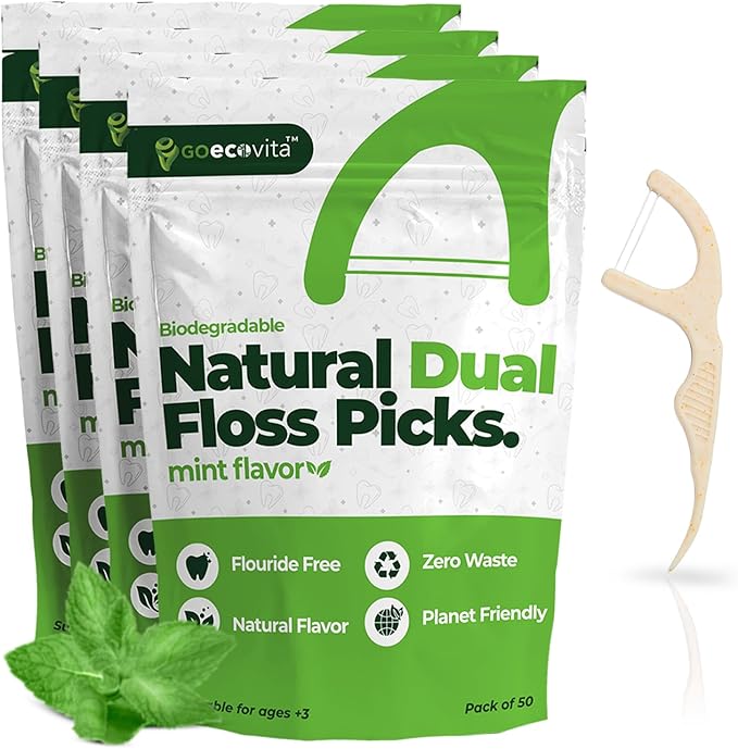 Biodegradable Dual Thread Floss Picks - Natural Straw Wheat Handle | Tight Gap Dental Flossers for Adults | Gentle on Gums & Teeth | Eco Friendly, Vegan, Natural (200 Pack, Mint)