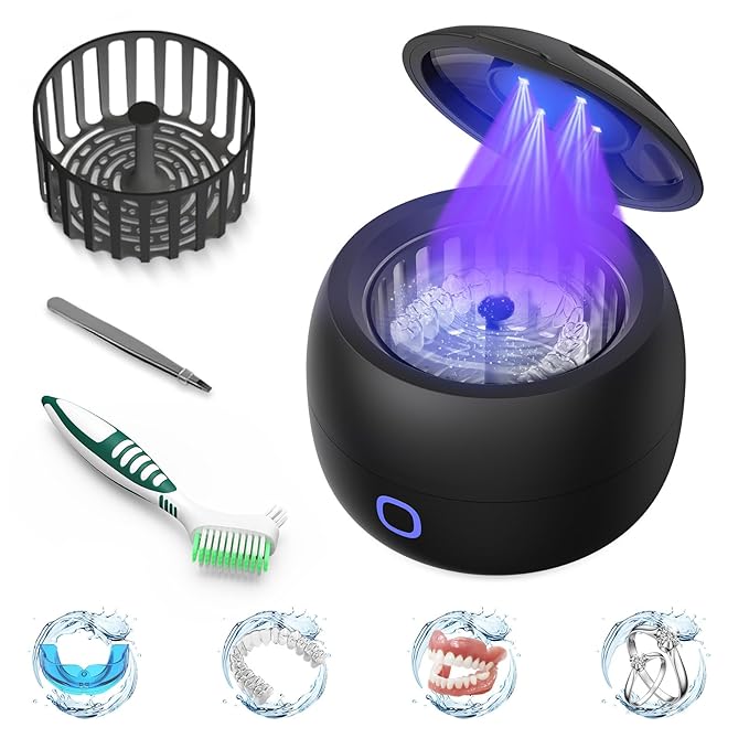 Upgraded Ultrasonic Retainer Cleaner, 45kHz Retainer Cleaner Machine for Denture Cleaner, Retainer Cleaner, Mouth Guard Cleaner, Night Guard Cleaner, Denture Cleaner with 200ML Dental Cleaning Pod