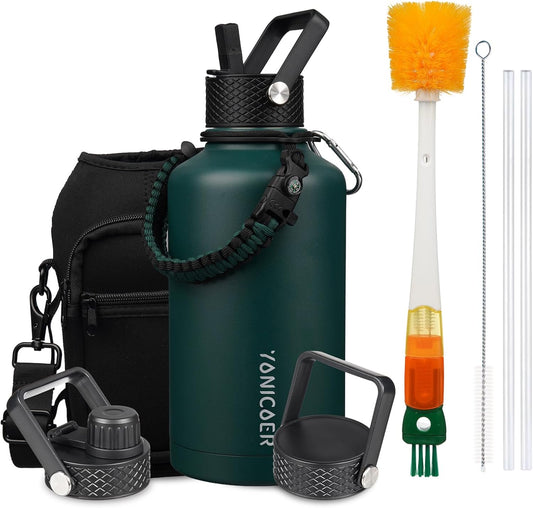 Insulated Water Bottle 64oz,Triple Wall Vacuum Stainless Steel(Dishwasher Safe),Leak Proof & Non-BPA,Flask Jug with Paracord Handle & Straw Spout Lids Sports