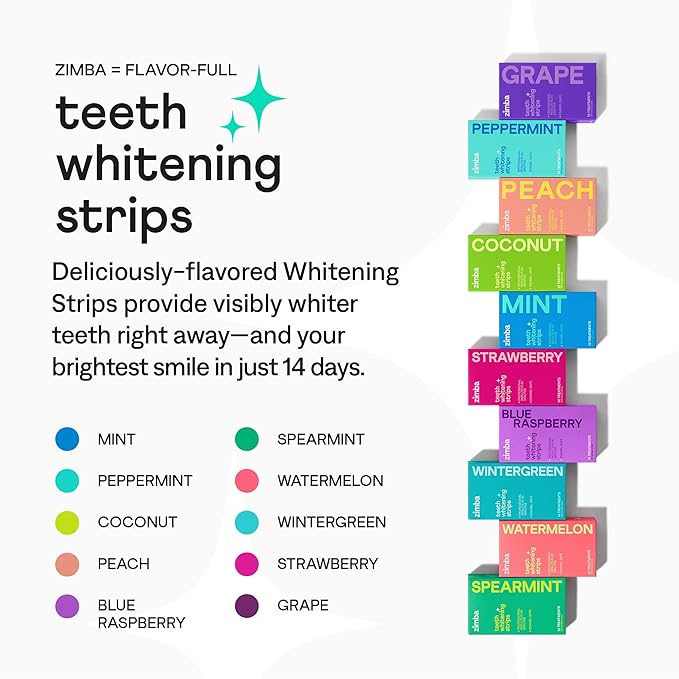Zimba Teeth Whitening Strips for Teeth Sensitive, White Strips for Teeth Whitening, Teeth Whitener Stain Remover 28 White Strips Included Per Pack, 2 Pack (14 Day Treatment), Spearmint and Watermelon