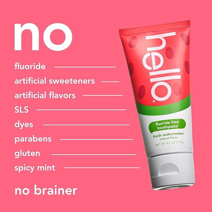 Hello Natural Watermelon Flavor Baby & Kids Fluoride Free Toothpaste, Vegan, SLS Free, Gluten Free, Safe to Swallow for Baby and Toddlers, 4.2 Ounce (Pack of 12)