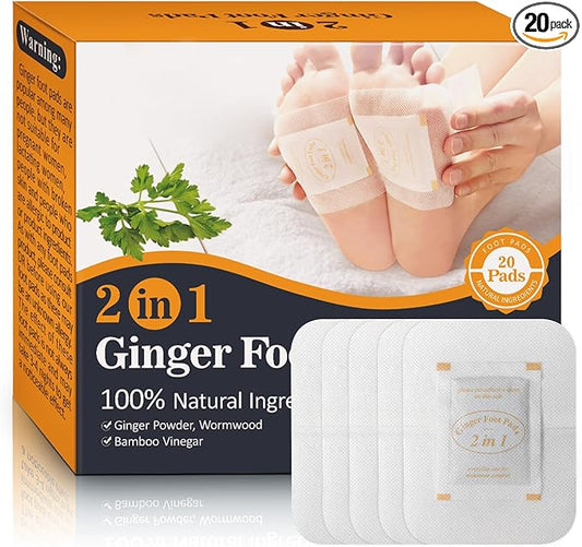 2 in 1 Foot Pads, Tear and Use Ginger Wormwood with Pure Natural Ginger Powder Bamboo Vinegar Wormwood, Bigger Adhesive ''Stay in Place'' All Night, 20 Pads