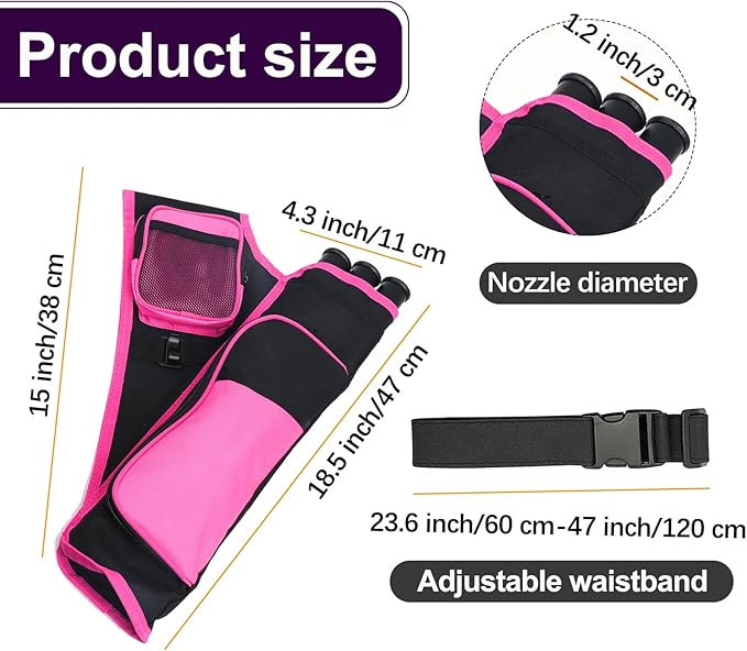 3-Tubes Hip Quiver Waist Hanged Archery Arrow Carry Bag with Pockets Adjustable Belt for Hunting, Target Practice, and Outdoor Shooting, Fits Both Youth and Adults