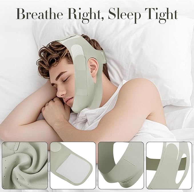 Chin Strap for Sleeping- Adjustable Snore Reduction Chin Strips for Men and Women, Comfortable and Breathable Snoring Solution, Anti- Snore Device (Greyish Green)