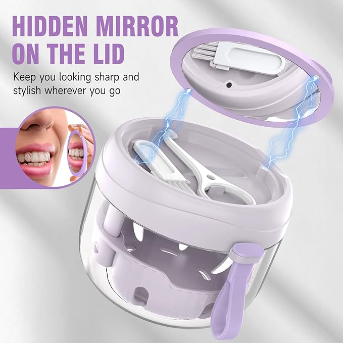 Denture Bath Box Cup, Leak Proof Denture Cup Kit Portable Retainer Case for Travel, Denture Case Cleaning Care for Dentures Aligner Mouth Guard with Denture Brush,Strainer, Removal Tool and Mirror