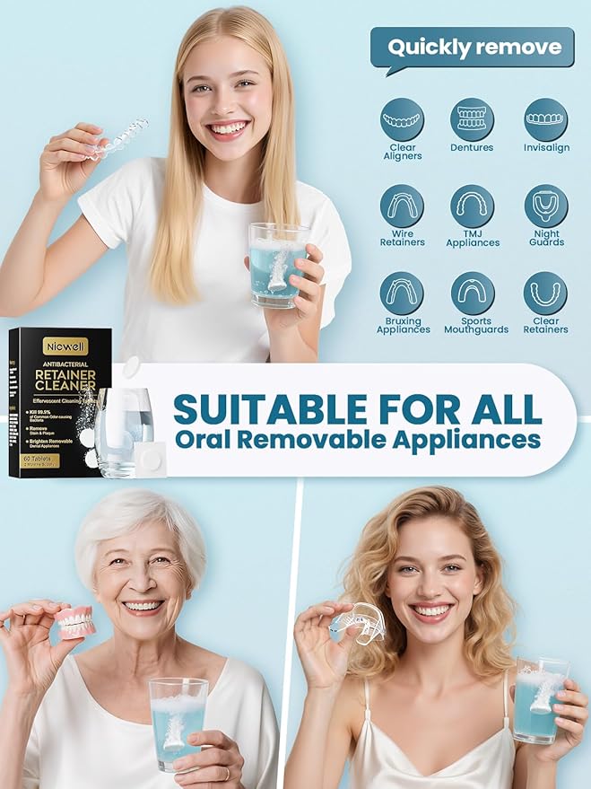 Nicwell Effervescent Retainer Cleaner Tablets: Kills 99.9% Odor-Causing Bacteria on Dentures & Orthodontic Appliances 60pcs Travel Friendly White