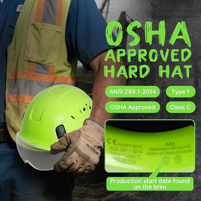 AOLAMEGS ABS Safety Hard Hat - ANSI Z89.1 Approved Safety Helmet with Visor Adjustable Vented Hardhat for Men Women Adults Safety Hardhats for Industrial Construction Work (Bright Yellow Clear Visor)