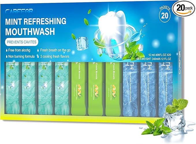 Mouthwash Travel Size - Portable Packets to Go, Alcohol & Fluoride Free, 3 Refreshing Flavors (Fresh Mint, ICY Mint, Grapefruit Mint) Fresh Oral Hygiene (20)