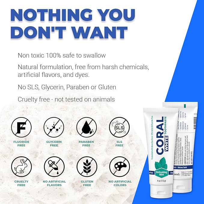 Coral White - Coral White Mint Toothpaste Natural Fluoride SLS Free Coral Calcium Remineralizing Toothpaste 4 Ounce