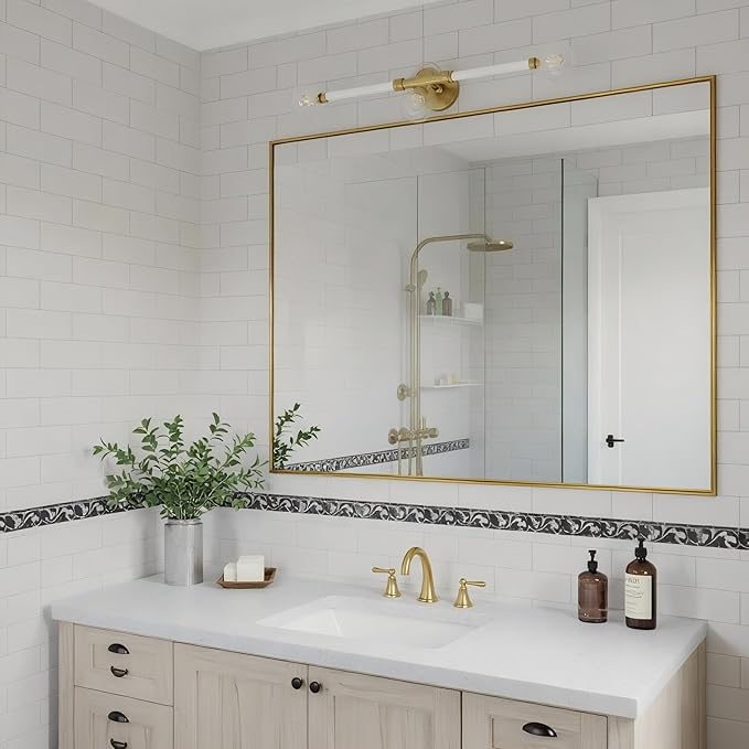 27x36 Inch Brass Bathroom Mirror for Wall, Aluminum Frame Rectangle Rectangular Vanity Mirror, Modern Large for Bedroom, Living Room, Horizontal or Vertical