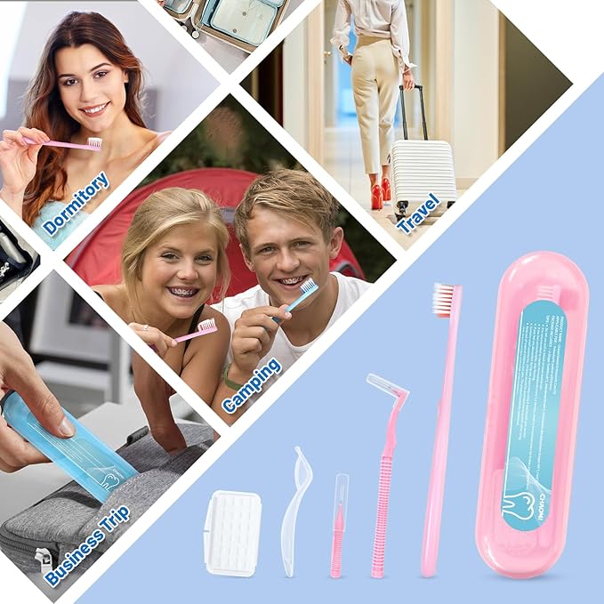 Orthodontic Care Travel Kit | V-Shape Toothbrush with Soft Bristles, Interdental Brushes, Orthodontic Wax, and Breathable Case | Portable Dental Kit for Braces and Aligners(PINK)