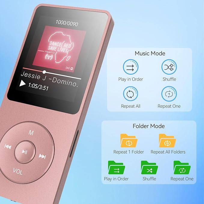 AGPTEK A02PL 64GB MP3 Player, 70 Hours Playback Lossless Sound Music Player, Supports up to 128GB(Rose Gold)