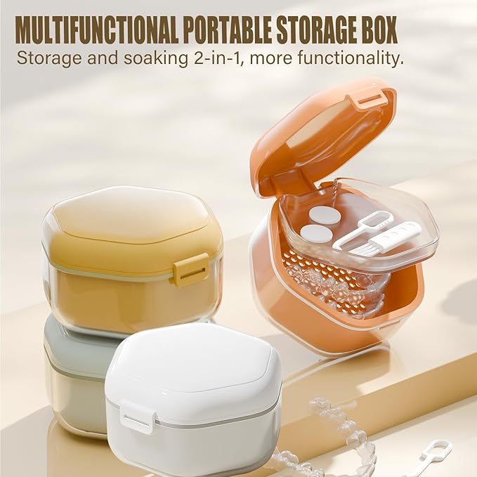 Denture Bath Box Cup with Strainer Basket,teeth Retainer Cleaning Box, Braces Teeth Aligner Case, Clear Braces, Mouth Guard Storage Box Holder for Household|Travel|Office