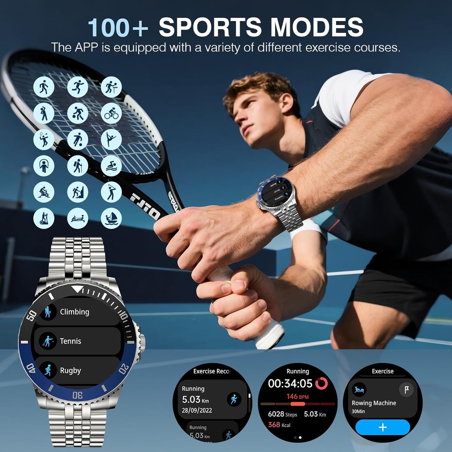 2025 DA GPT Smart Watch for Men, Heart Rate, Blood Pressure, Blood Oxygen, Sleep Monitor, 107 Sports Modes, 1.19-inch AMOLED Display, Waterproof Round Watch, Compatible Android and iOS Silver Blue