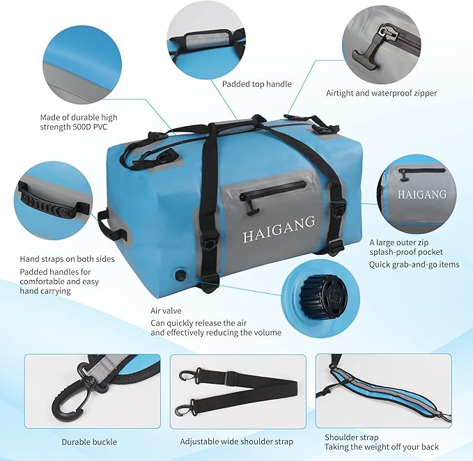 70L Waterproof Duffel Bag Travel Dry Bag, Large Capacity, Adjustable Thickened Straps and Handles, Zip Closure, Air Valve, Keep Equipment Safe, Suitable for Boating Rafting Motorcycle Kayaking
