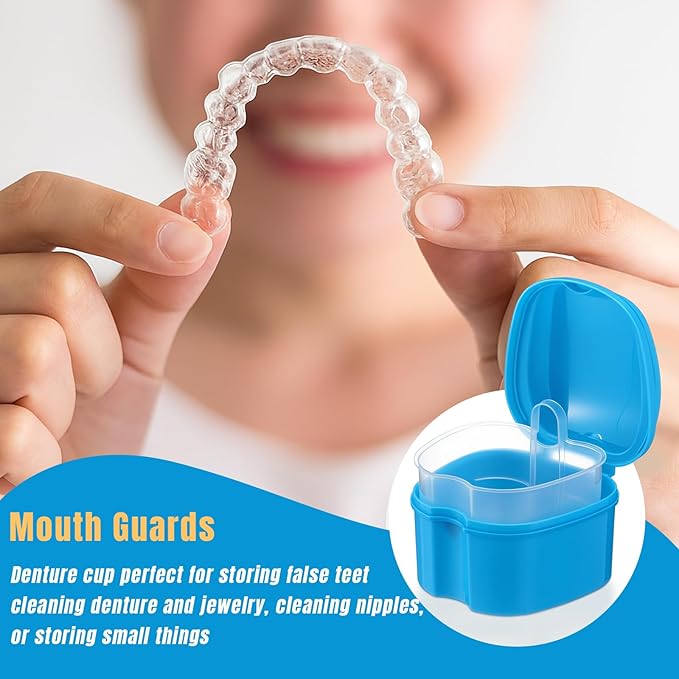 Zubebe 30 Pcs Denture Bath Retainer Case Holder Bulk with Strainer Basket Dental Cup Denture Soaking Container False Teeth Storage Box for Travel Cleaning Brace Mouth Guard, 5 Colors